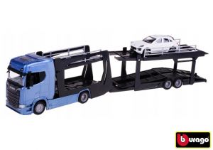 Bburago 1:43 Kamion Multicar Carrier Scania 770S Blue + Porsche Macan