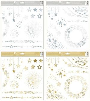Dekorace okenní lesk 30 x 33,5 cm, zlaté/stříbrné motivy z hvězdiček /247