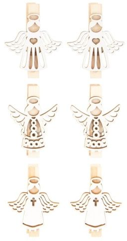 Dekorece Anděl dřevěný 3,5 cm 6 ks, na kolíčku, bílý / 4864