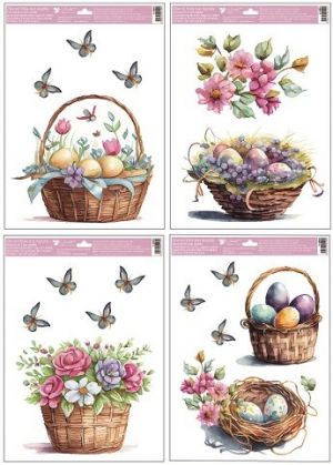 Okenní fólie malované velikonoční košíky s glitry 30 x 42 cm 
