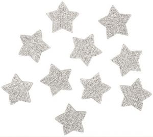 Hvězda stříbrná s lepíkem 5 cm,akryl s glitry, 10 ks
