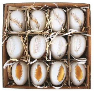 Vajíčka plastová se zlatým dekorem na zavěšení 6 cm, 12 ks v krabičce