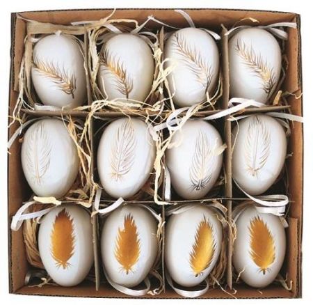 Vajíčka plastová se zlatým dekorem na zavěšení 6 cm, 12 ks v krabičce