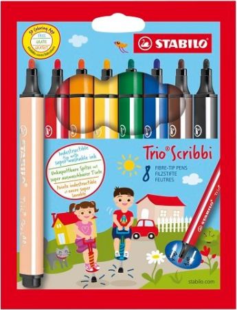 STABILO Vláknový fix s odpruženým hrotem - Trio Scribbi - 8 ks sada - 8 různých barev