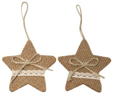 Hvězda jutová s krajkou 9 cm, na pověšení 2 ks