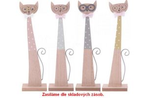 Dekorace Kočka s brýlemi a mašlí dřevěná 25cm 4 druhy 