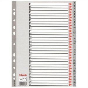 Rejstříky, šedá, A4, plast, 1-31, ESSELTE
