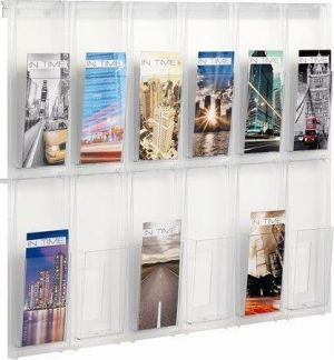 Držák na katalogy, nástěnný, 1/3 A4, 12 oddílů, HELIT "Placativ", trasparentní