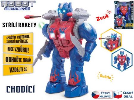 Robot 23cm na baterie česky mluvící chodící s doplňky, světlem a zvukem v krabičce