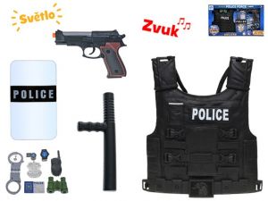 Policejní set - vesta, pistole 24cm na baterie se světlem a zvukem + doplňky v krabičce