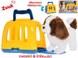 Pejsek plyšový 19cm na baterie chodící a štěkající s přepravkou v krabičce