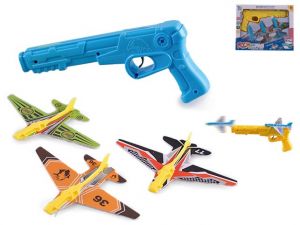 Pistole 22cm vystřelující letadla 3ks 2barvy v krabičce