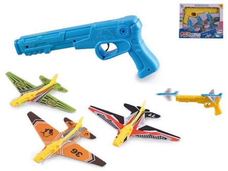 Pistole 22cm vystřelující letadla 3ks 2barvy v krabičce