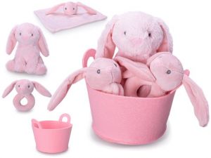 Zajíček plyšový 20cm růžový sedící s chrastítkem 13cm a usínáčkem v košíku 0m+ v sáčku