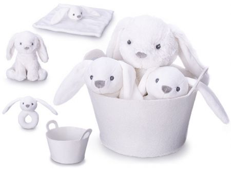 Zajíček plyšový 20cm bílý sedící s chrastítkem 13cm a usínáčkem v košíku 0m+ v sáčku