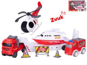 Auto nákladní 30cm na setrvačník na baterie se zvukem + vozidla hasiči 3ks a doplňky