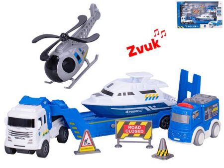 Auto nákladní 30cm na setrvačník na baterie se zvukem + vozidla policie 3ks a doplňky