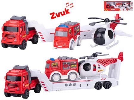 Auto nákladní 30cm na setrvačník na baterie se zvukem + vozidla hasiči 2ks v krabičce