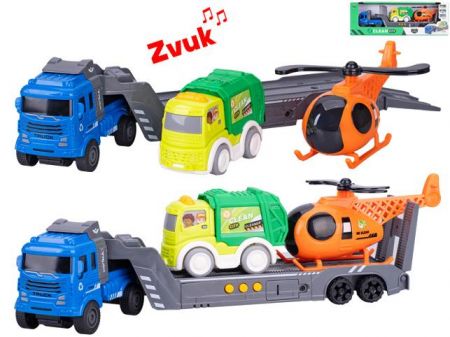 Auto nákladní 30cm na setrvačník na baterie se zvukem + vozidla popeláři 2ks v krabičce