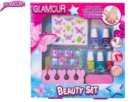 Glamour sada krásy s laky na nehty, pilníkem a nálepkami na tělo a nehty v krabičce
