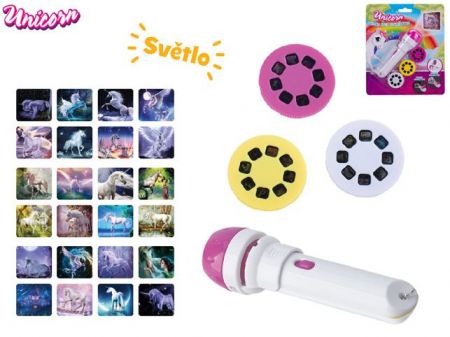 Unicorn projektorová svítilna 11,5cm na baterie se světlem 24 obrázků na kartě