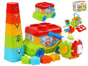 Autobus/vkládačka 20cm volný chod + pyramida skládací kalíšky 5ks a kostka vkládací 12m+