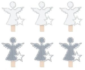 Anděl dřevěný na kolíčku 4 cm šedý a bílý, 6 ks