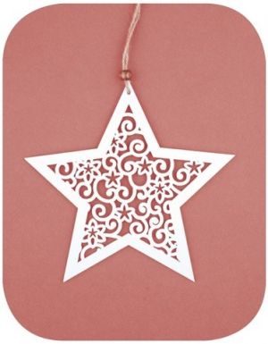 Hvězda dřevěná s dekorem na zavěšení 18 cm, bílá