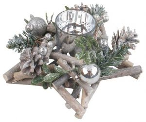 Dřevěný svícen ve tvaru hvězdy se stříbrnými doplňky 20 cm