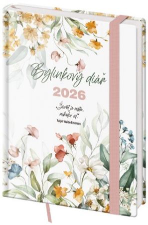 Diář týdenní B6 bylinkový Flowers s gumičkou 2026 / 17,6cm x 12,5cm / DZ439-2-26
