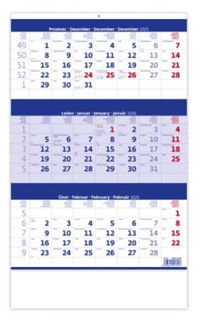 Kalendář nástěnný Tříměsíční modrý 2026 / 52cm x 31,5cm / N205-26