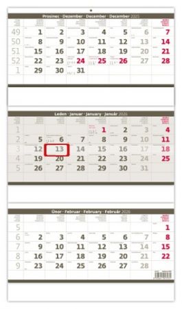 Kalendář nástěnný Tříměsíční skládaný šedý 2026 / 59cm x 31,5cm / N207-26