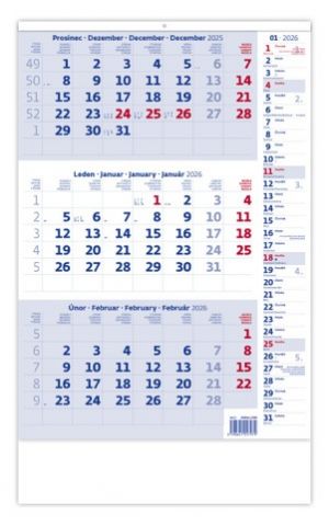 Kalendář nástěnný Tříměsíční modrý s poznámkami 2026 / 52cm x 31,5cm / N211-26