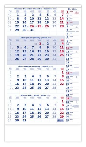 Kalendář nástěnný Čtyřměsíční modrý s poznámkami 2026 / 56cm x 31,5cm / N214-26