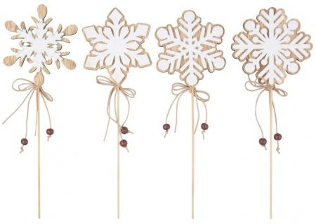 Vločka s bílým glitrem dřevěná 7,5 cm + špejle