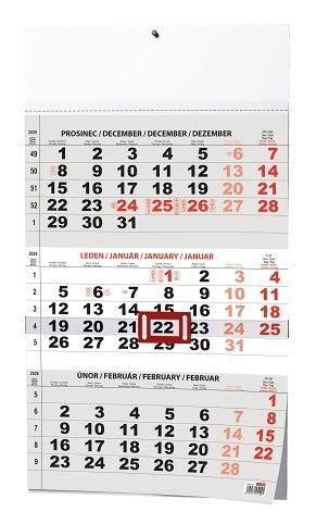 Kalendář nástěnný Tříměsíční - A3 (s mezinárodními svátky) - černý 2026 / 42cm x 29,2cm / 