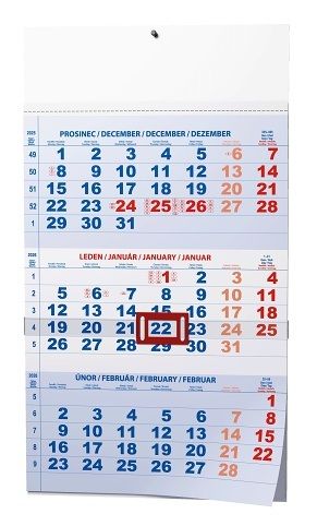 Kalendář nástěnný Tříměsíční - A3 (s mezinárodními svátky) - modrý 2026 / 42cm x 29,2cm / 