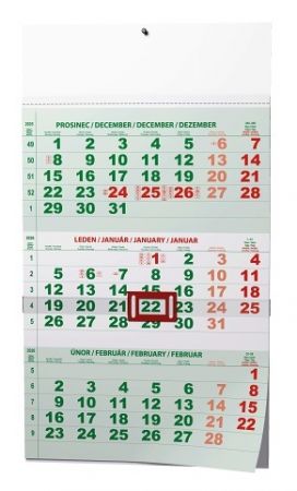 Kalendář nástěnný Tříměsíční - A3 (s mezinárodními svátky) - zelený 2026 / 42cm x 29,2cm /