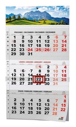 Kalendář nástěnný Tříměsíční - A3 (s mezinárodními svátky) - černý - Příroda 2026 / 42cm x