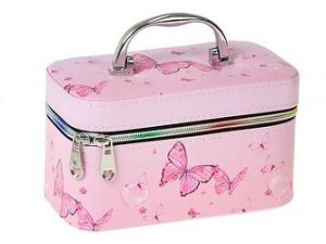 Kufřík se zipem a zrcátkem, velikost S, motiv:růžový motýlci, 19x12x11cm