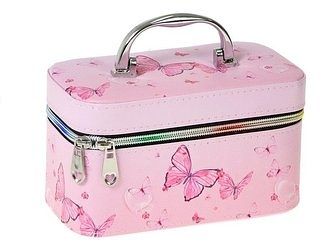 Kufřík se zipem a zrcátkem, velikost S, motiv:růžový motýlci, 19x12x11cm