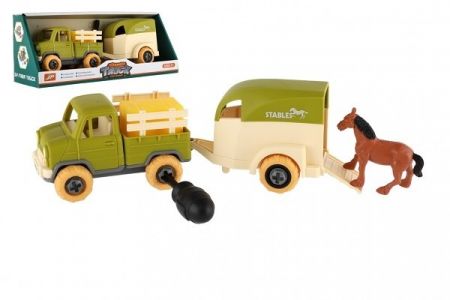 Auto nákladní s vlekem na koně šroubovací plast 25cm se šroubovákem na volný chod v krab. 