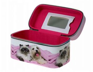 Kufřík se zipem a zrcátkem, velikost S, motiv:pejsek a kočička, 19x12x11cm