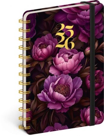 Diář Spirálový 18měsíční Petito – Fialové květy 2025/2026, 13 x 18 cm / PGD-35530-V