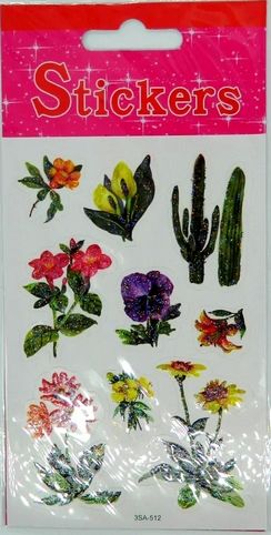 Nálepky samolepky Květiny a kaktusy, třpytivé 1 arch