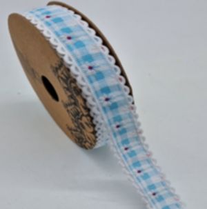 Dekorační stuha 2cm s kostkovaným vzorem a krajkou – modrobílá s květy