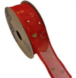 Dekorační stuha červená s zlatými srdíčky a krajkovým okrajem