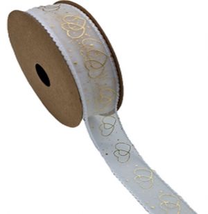 Dekorační stuha bíla se zlatým srdcem 2,5cm