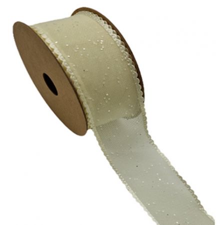 Dekorační stuha s třpytkami a ozdobným lemem krémová 3,8 cm