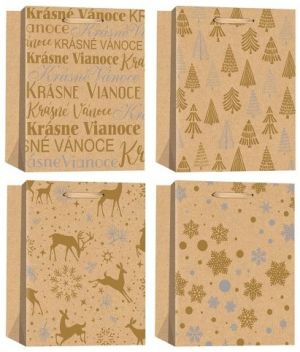 Taška kraftová vánoční se zlatou ražbou L 26 x 32 x 12 cm